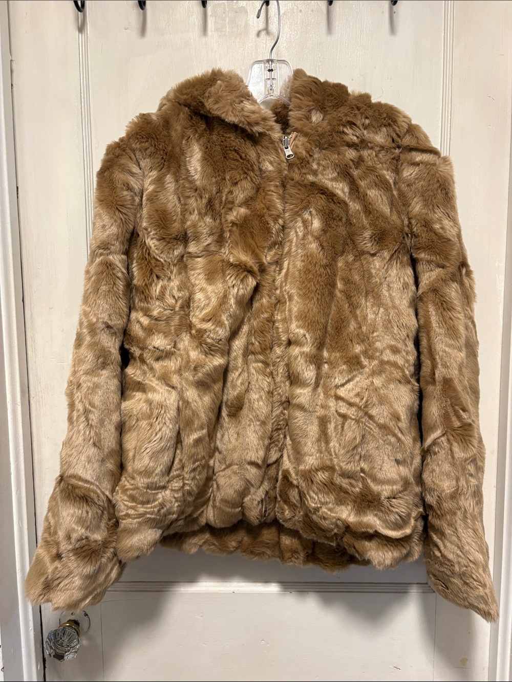 Giacca Reversible Vegan Faux Fur Zip-Up Hooded Jacket in Light Brown Medium